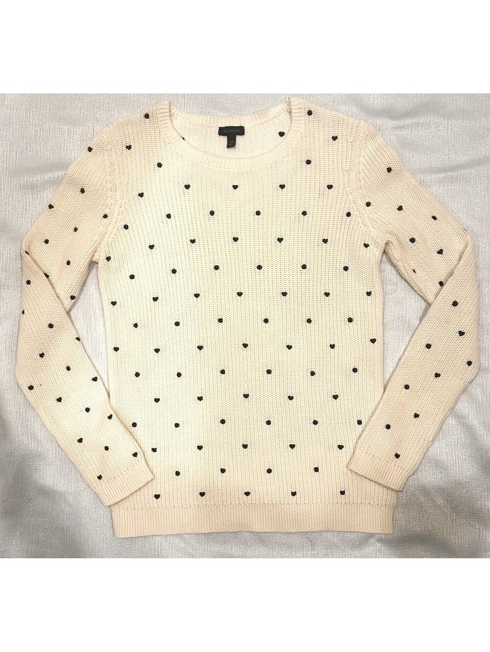Talbots Cream Cotton Sweater Black Heart Pattern, Size XS